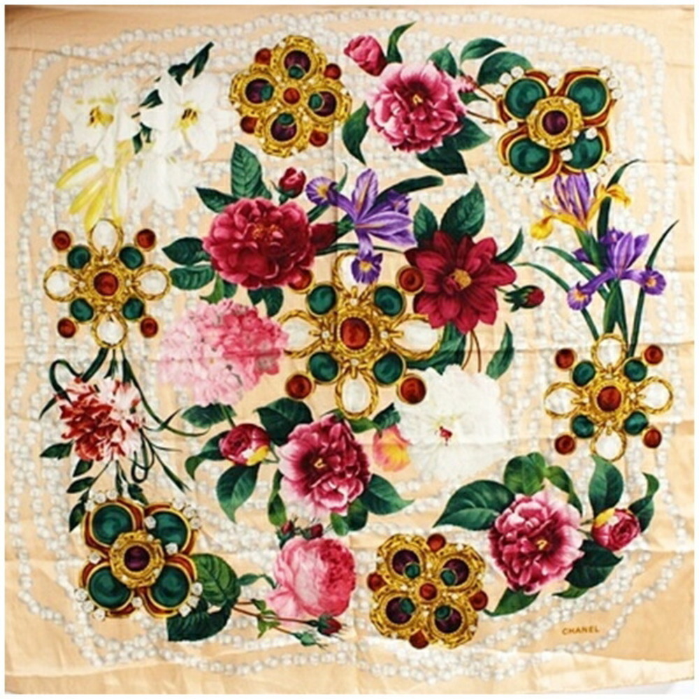 Chanel scarf muffler, pink x multicolor floral design, CHANEL, women's.